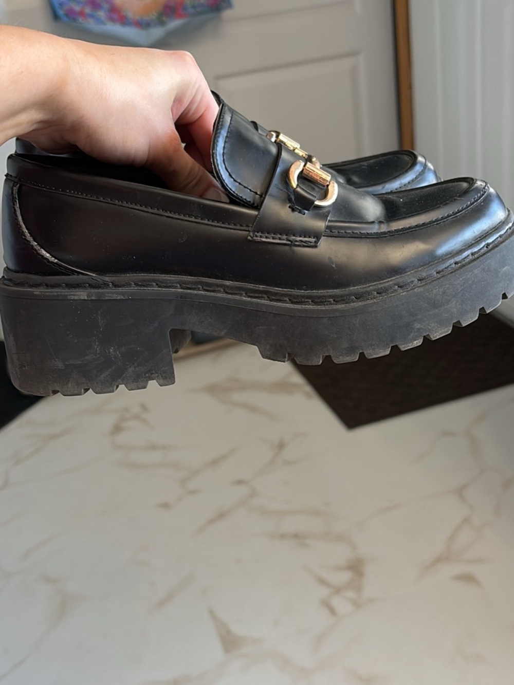 Steve Madden Black Chunky Lug Sole Loafers with Gold Buckle Accent